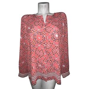 Talbots Petites Top Women's XLP Coral Geometric Print Long Sleeve V Neck Blouse